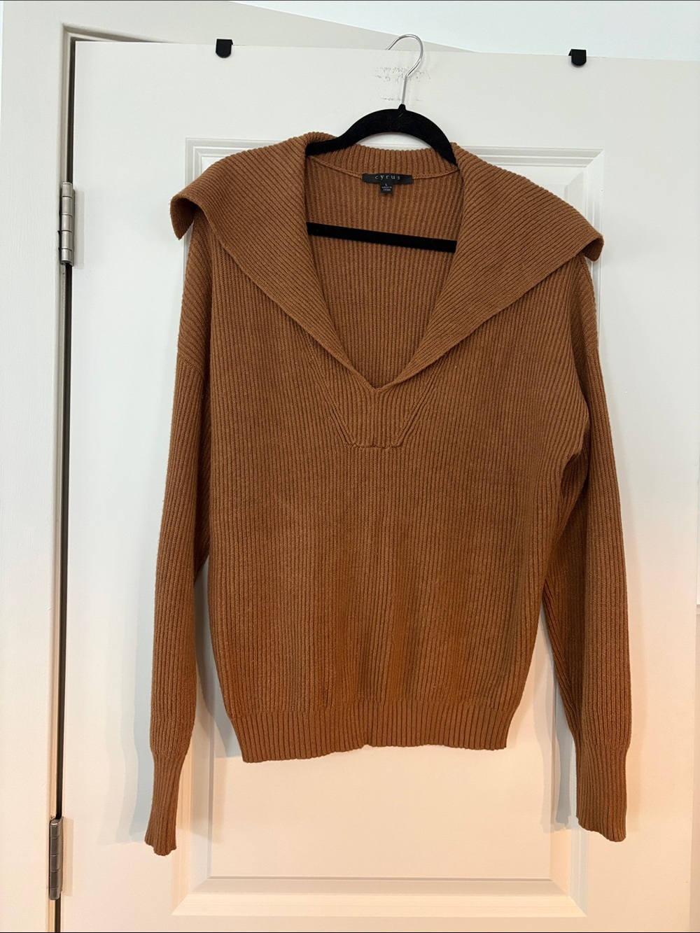 Cyrus Brand women’s Ribbed Knit Sweater with Shawl Collar - Camel